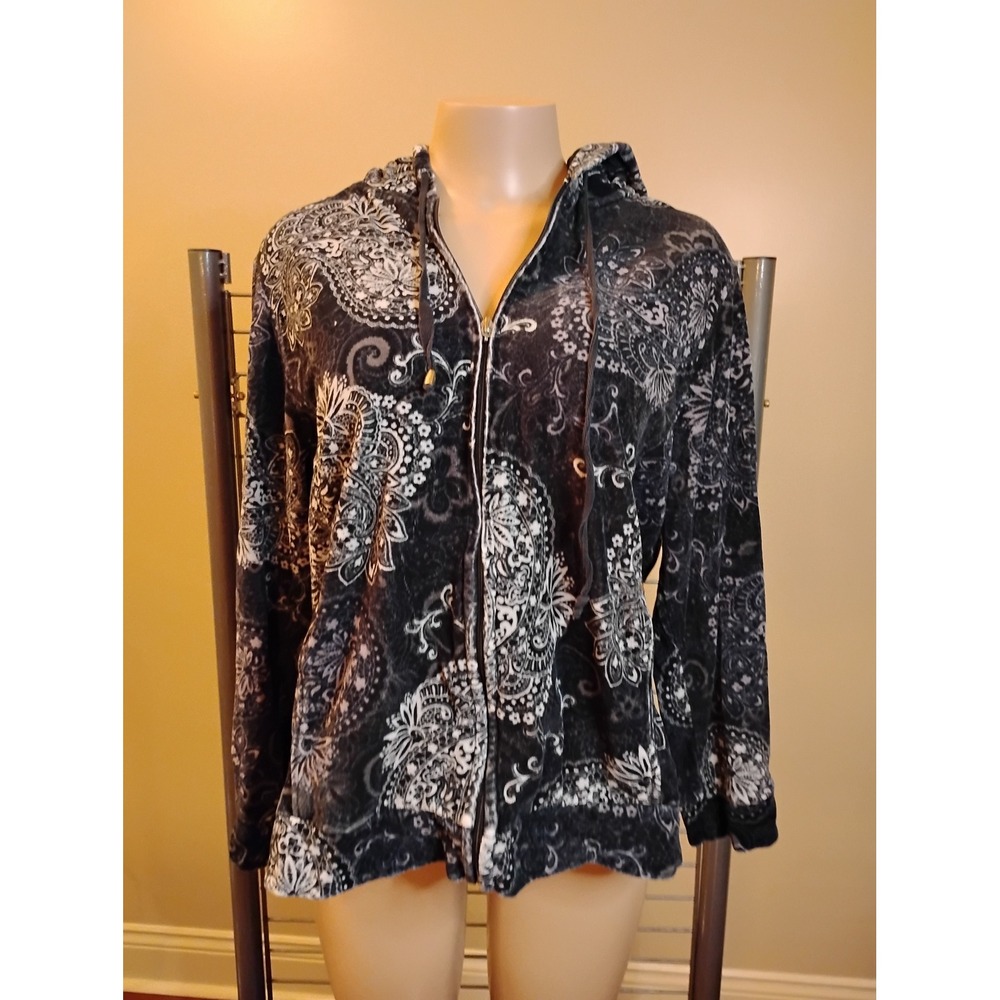 Unique Woman Black White Paisley Velour Full Zip Hoodie Sweatshirt XL